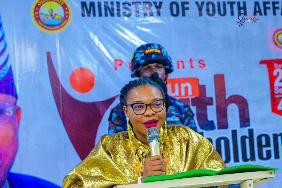 Prof. Chinwe Obuaku-Igwe delivering a keynote speech at an Osun State Ministry of Youth Affairs event on green jobs and climate-driven youth empowerment