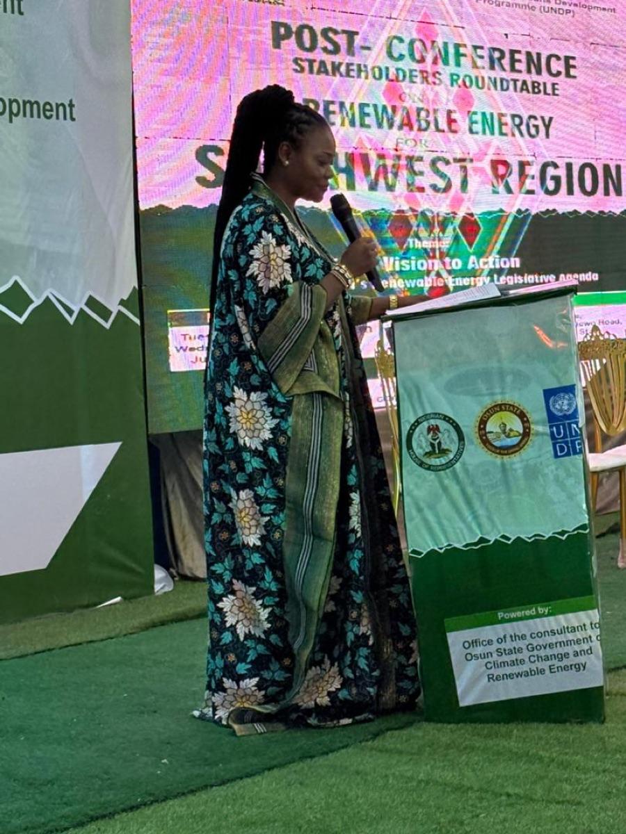 Prof. Chinwe Obuaku-Igwe delivering a keynote at the Post-Conference Stakeholders Roundtable on Renewable Energy for the Southwest Region, co-hosted with UNDP Nigeria